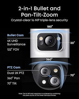 eufy Security PoE Bullet-PTZ CCTV Camera S4 Add-On, Wired Outdoor Cam, 4K UHD Triple Lens, 122° FOV, 360° Pan & Tilt, 8× Auto Zoom, AI Tracking, Red & Blue Lights, Colour Vision, 24/7 Recording, IP65