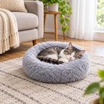 Fluffy Round Donut Cat Bed, Plush Raised Rim, 40 cm, Grey