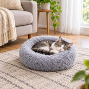 Fluffy Round Donut Cat Bed, Plush Raised Rim, 40 cm, Grey